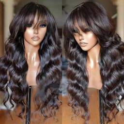 3x1 Full Machine Made Body Wave Human Hair Wigs With Bangs 15A Brazilian Virgin Remy Hair Glueless Wear And Go Wig Natural Black For Women