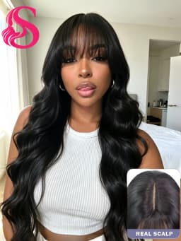 3x1 Full Machine Made Body Wave Human Hair Wigs With Bangs 15A Brazilian Virgin Remy Hair Glueless Wear And Go Wig Natural Black For Women