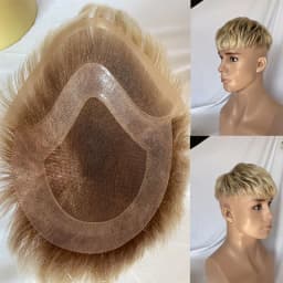 Men's 3Inch Cut Short Hair Toupée Human Hair Wig Swiss Lace Frontal PU Hairpieces 8x10 Omber 613# Color Systems Black Hairpiece