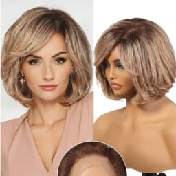 100% Remy Human Hair Transparent Lace Frontal Wig Short Wavy Bob Human Hair Wig Ash Brown Ombre Pixie Cut Hair for White Women