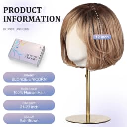 100% Remy Human Hair Transparent Lace Frontal Wig Short Wavy Bob Human Hair Wig Ash Brown Ombre Pixie Cut Hair for White Women