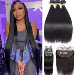 Straight Brazilian Human Hair 3 Bundles with 13x4 Frontal 100% Virgin Hair Natural Hairline Straight Bundles with 4x4 Closure
