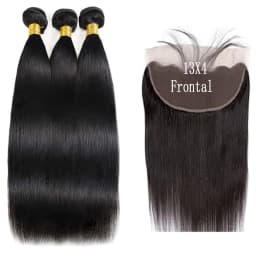 Straight Brazilian Human Hair 3 Bundles with 13x4 Frontal 100% Virgin Hair Natural Hairline Straight Bundles with 4x4 Closure