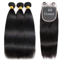 Straight Brazilian Human Hair 3 Bundles with 13x4 Frontal 100% Virgin Hair Natural Hairline Straight Bundles with 4x4 Closure