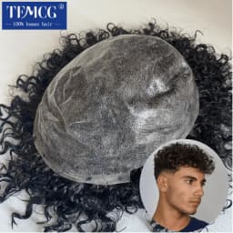 15MM Curly Male Hair Prosthesis Toupee Men Wig Indian Human Hair Comfortable Skin Base Wigs For Men System Replacement Man Wig