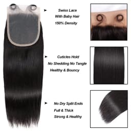 Straight Human Hair Bundles with Closure 100% Unprocessed Brazilian Human Hair 3 Bundles with Frontal 4x4 Closure with Baby Hair