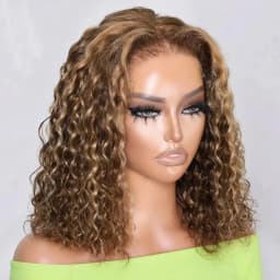 Highlight Ombre Bob Wig Human Hair 13x4 Transparent Lace Frontal Wigs for Women 250% Density 100% Brazilian Virgin Curly Bob Human Hair Wig Glueless Pre Plucked #4/27 Highlight Ombre 16Inch Short Square Cut Wig Natural Human Afro Wig Female on Sale CEXXY