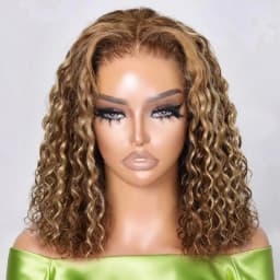 Highlight Ombre Bob Wig Human Hair 13x4 Transparent Lace Frontal Wigs for Women 250% Density 100% Brazilian Virgin Curly Bob Human Hair Wig Glueless Pre Plucked #4/27 Highlight Ombre 16Inch Short Square Cut Wig Natural Human Afro Wig Female on Sale CEXXY