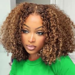 Highlight Ombre Bob Wig Human Hair 13x4 Transparent Lace Frontal Wigs for Women 250% Density 100% Brazilian Virgin Curly Bob Human Hair Wig Glueless Pre Plucked #4/27 Highlight Ombre 16Inch Short Square Cut Wig Natural Human Afro Wig Female on Sale CEXXY