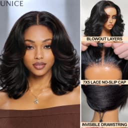 UNICE Layered Blowout Wavy Bob Wig Human Hair Glueless Wig With Drawstring 150% Density