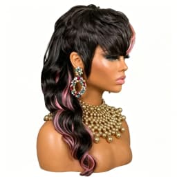 Mullet Wig for Women Human Hair Wig Full Machine Made Wig With Bangs Ombre Pink Highlight Pixie Cut Wig for Women Daily Use