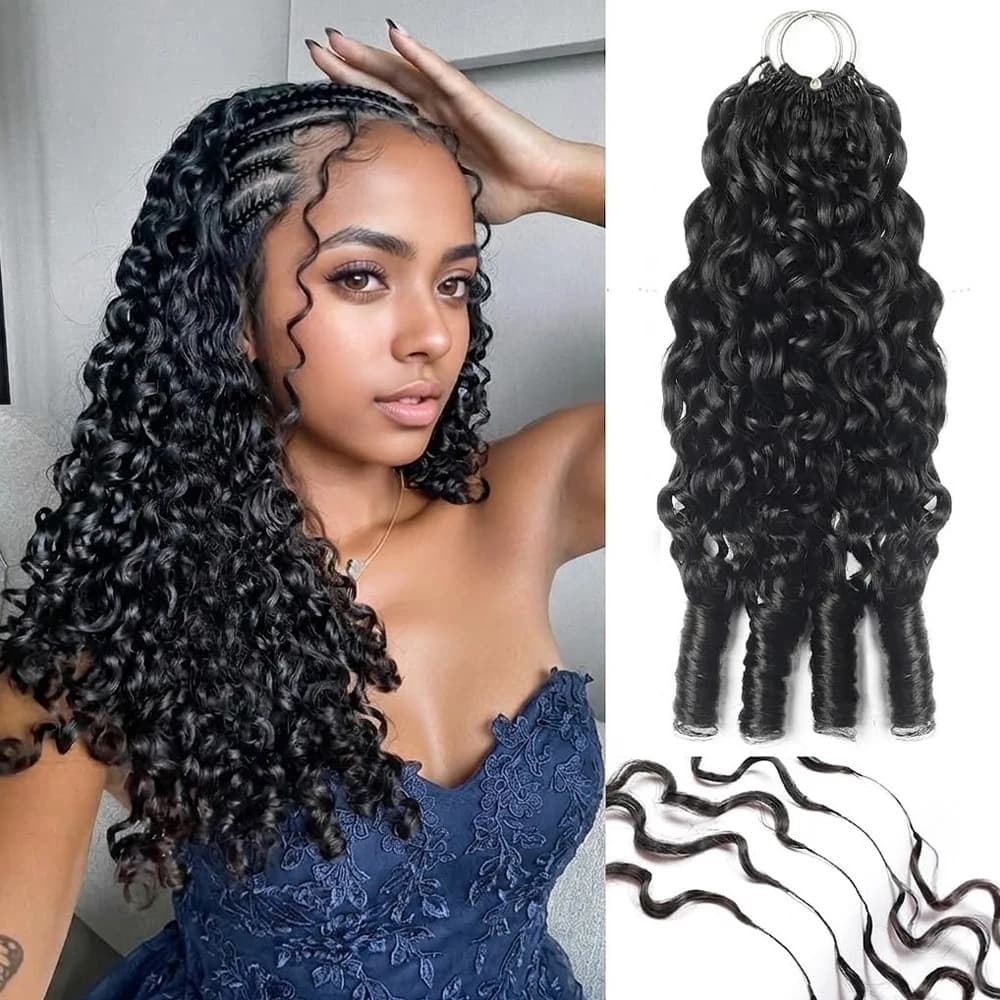 5Pcs/300G Burmese Curl Feather Crochet 100% Human Hair 16A 16-20 Inch Invisible Knotless Feather Crochet Hair Extensions, Natural Black Curly Braiding Hair for Women