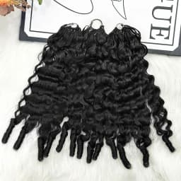 5Pcs/300G Burmese Curl Feather Crochet 100% Human Hair 16A 16-20 Inch Invisible Knotless Feather Crochet Hair Extensions, Natural Black Curly Braiding Hair for Women
