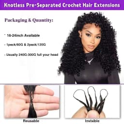 5Pcs/300G Burmese Curl Feather Crochet 100% Human Hair 16A 16-20 Inch Invisible Knotless Feather Crochet Hair Extensions, Natural Black Curly Braiding Hair for Women