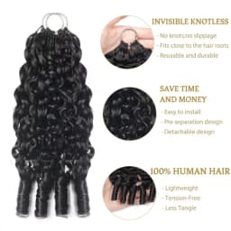 5Pcs/300G Burmese Curl Feather Crochet 100% Human Hair 16A 16-20 Inch Invisible Knotless Feather Crochet Hair Extensions, Natural Black Curly Braiding Hair for Women
