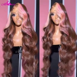 Upgrade Ali Coco HD Brown Pink 13x4 Body Lace Frontal Wig For Women 12A Pink Hightlight Lace Front Human Hair Wigs Preplucked