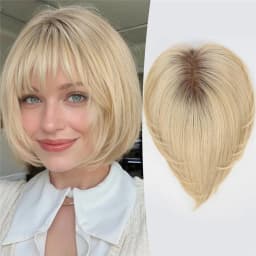 10 Inch Human Hair Topper for Women 6.5x6.5 Inch Silk Base Ombre Light Blonde Side Part Short Bob with Bangs Natural Looking