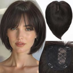 10 Inch Human Hair Topper for Women 6.5x6.5 Inch Silk Base Ombre Light Blonde Side Part Short Bob with Bangs Natural Looking