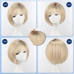 10 Inch Human Hair Topper for Women 6.5x6.5 Inch Silk Base Ombre Light Blonde Side Part Short Bob with Bangs Natural Looking