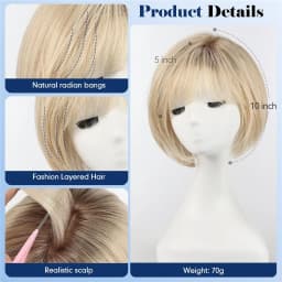 10 Inch Human Hair Topper for Women 6.5x6.5 Inch Silk Base Ombre Light Blonde Side Part Short Bob with Bangs Natural Looking