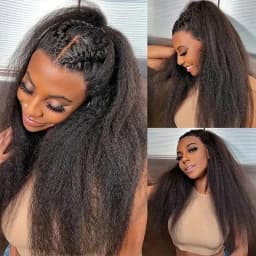 220% Density Kinky Straight Half Wig Human Hair 3 In 1 Half Wig Glueless Wigs Human Hair Drawstring Seamless Wig For Women
