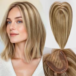 Mixed Blonde Human Hair Toppers 12 inch Human Hair Clip in Bangs Hair Pieces Skin 360° Cover Hair Extension for Women Loss Hair