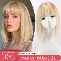 Mixed Blonde Human Hair Toppers 12 inch Human Hair Clip in Bangs Hair Pieces Skin 360° Cover Hair Extension for Women Loss Hair