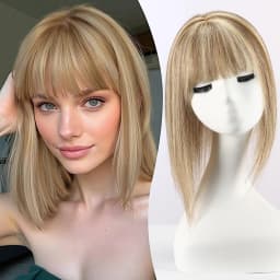 Mixed Blonde Human Hair Toppers 12 inch Human Hair Clip in Bangs Hair Pieces Skin 360° Cover Hair Extension for Women Loss Hair