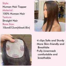 10x12CM Straight Human Hair Toppers For Women Skin Human Hair Piece Cover Breathable Human Hair Topper With 4 Clips In HairPiece