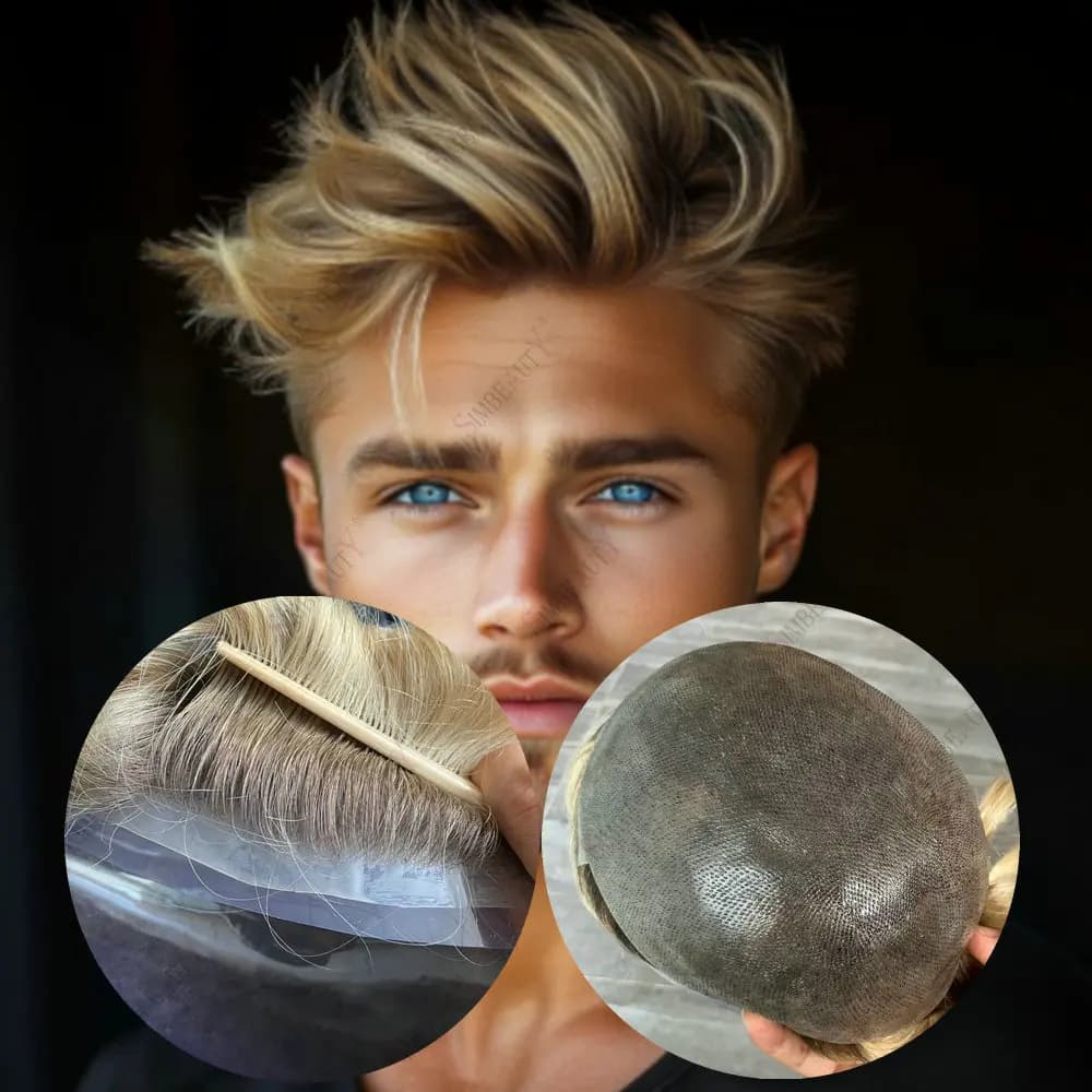 4T613 Ombre Blonde 0.06mm Thin Skin Vloop Base Natural Hairline Men Toupee Grey Black Human Hair Wigs Men Hair System Prosthesis
