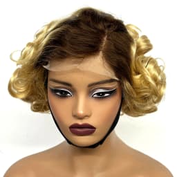 12inch 5x5 Transparent Lace Closure Blonde 613# Loose Wave Human Hair Wigs 280% Density Short Bouncy Curly Bob Wigs for Women