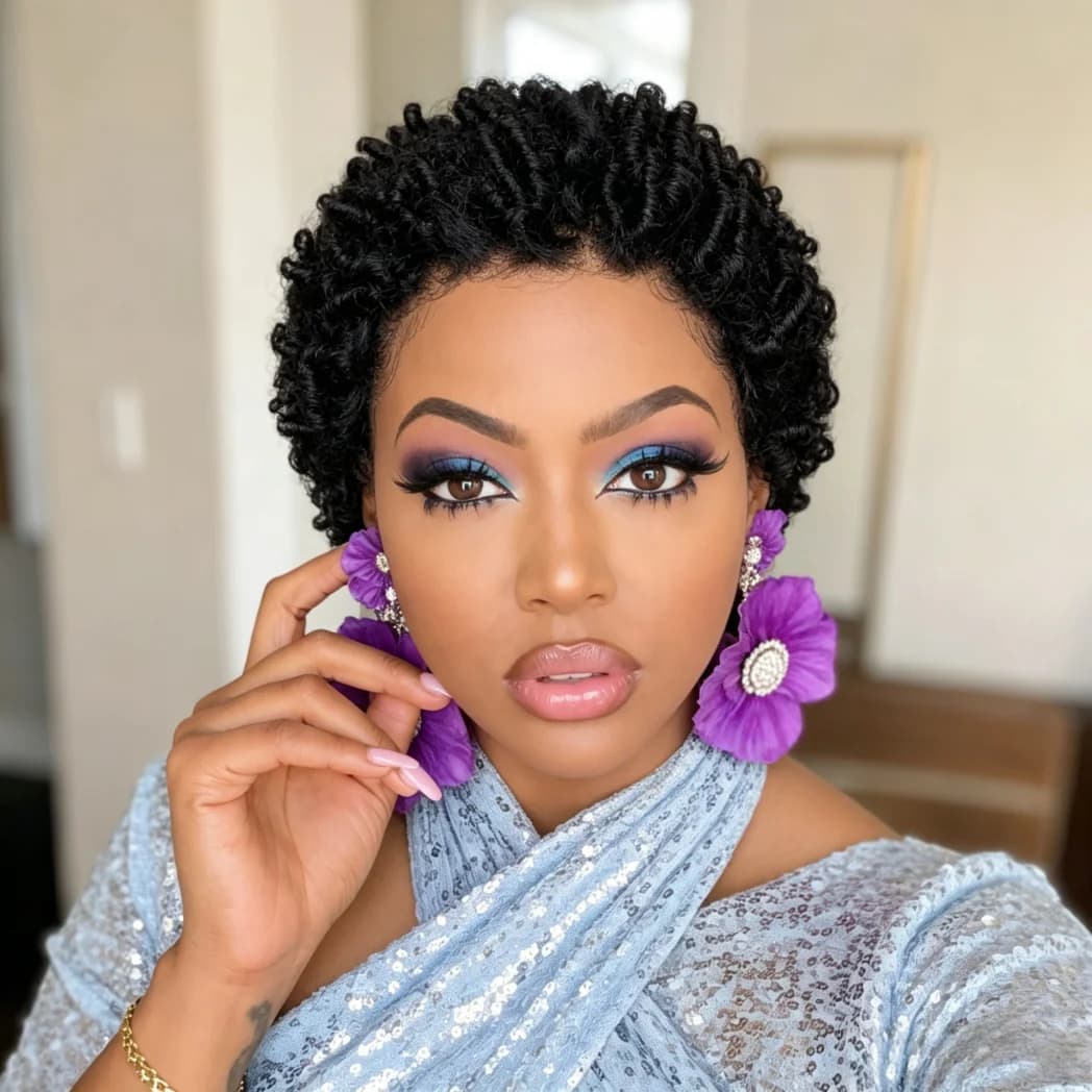 13x4 Lace Front Human Hair Short Spring Twist Wig, Natural Black Tiny Screw Curls Pixie Wig For African American Women Daily Wea