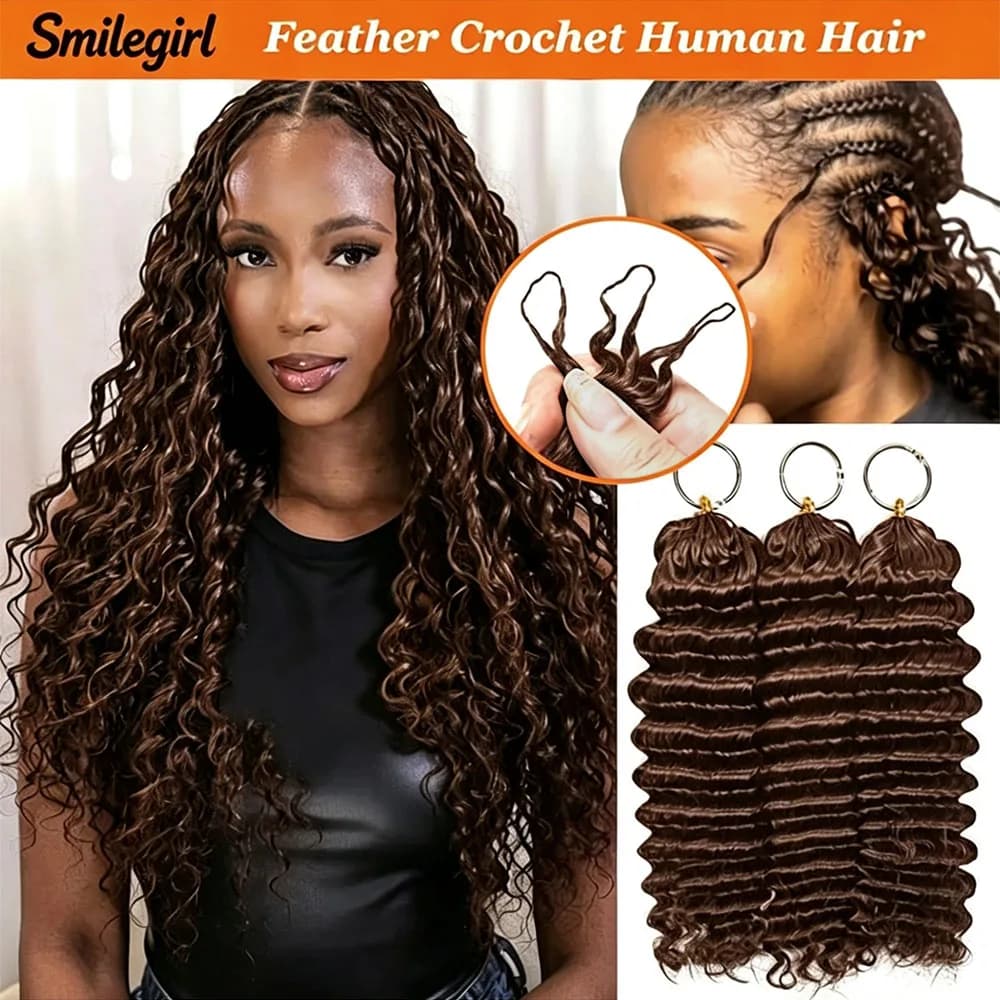 Chocolate Brown Deep Wave Human Hair Extensions Boho Braided Pre-Looped Curly Feather Crochet Hair with Miracle Knots Spiral Curly Hair for Braids