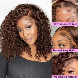 Deep Wave Women Brown Human Hair Bob Wig HD Lace Frontal With Preplucked Hairline 13x4 Lace Base Bob Wigs