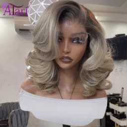 Brown Roots Ash Ombre Wavy Human Hair Bob Wigs 180 Density 13x4 Full Lace Frontal Upgrade Body Wave Short Ash Blonde Bob Wig