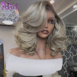 Brown Roots Ash Ombre Wavy Human Hair Bob Wigs 180 Density 13x4 Full Lace Frontal Upgrade Body Wave Short Ash Blonde Bob Wig