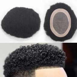 Afro Black Mens Toupee 4MM Man Wigs 100%Human Hair African American Systems Afro Curly Hair Pieces Replacement 1# Jet Black 8x10