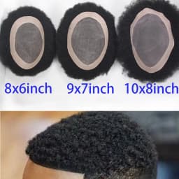Afro Black Mens Toupee 4MM Man Wigs 100%Human Hair African American Systems Afro Curly Hair Pieces Replacement 1# Jet Black 8x10