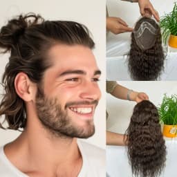 Durable Hair System For Men French Lace Front Mens Toupee Natural Wavy 8"x10"Hairpiece Natural Hairline Fine Mono Toupee for Men