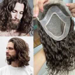 Durable Hair System For Men French Lace Front Mens Toupee Natural Wavy 8"x10"Hairpiece Natural Hairline Fine Mono Toupee for Men