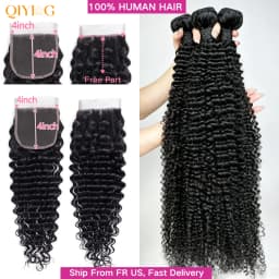 QIYING Deep Wave Bundles With 4x4 Lace Closure 12A 100% Virgin Human Hair Weave Extensions Free Part Natural Black Double Weft Curly Human Hair Bundles With Closure Local In Stock Fast Shipping For Women