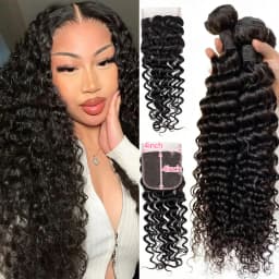 QIYING Deep Wave Bundles With 4x4 Lace Closure 12A 100% Virgin Human Hair Weave Extensions Free Part Natural Black Double Weft Curly Human Hair Bundles With Closure Local In Stock Fast Shipping For Women
