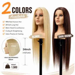 24"Mannequin Head With 95% Real Hair Manikin Training Head WIth Shoulder For Styling Cosmetology Hairdresser Barber Practicing