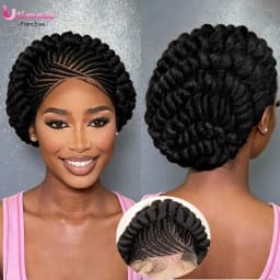 Synthetic Cornrow Braids Turban Wig Pre-Plucked Full Lace Braided Bantu Wig with Baby Hair 8Inch Natural Black for Black Women