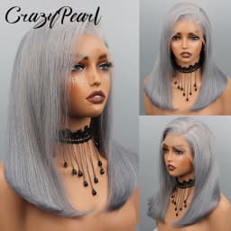 CrazyPearl Grey Bob Wig Human Hair Straight Lace Frontal Wig 13X4 Lace Front Bob Wig Preplucked 10Inch Short Human Hair Wigs