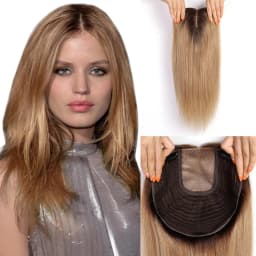 16 Inches Straight Human Hair Toppers Light Blonde Dark Root Hair Toppers for Women Hairpieces Extensions 3 Clips In Hair Topper