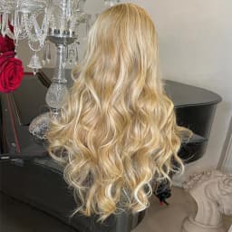 Golden Blonde Synthetic Blend Lace Front Wig Wavy 13x4 Hair Blonde Ombré Rooty Hair Natural Realistic Hairline Look 150% Density