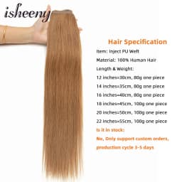 Isheeny Straight Long Tape Weft Hair 12"-22" Invisible PU Skin Weft Human Hair Extensions Natural Inject Hair Bundles 80-100g