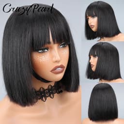 CrazyPearl 1X13 Lace Front Wig Straight Short Bob Wig Human Hair Wigs for Black Women with Bangs Human Hair Natural Color