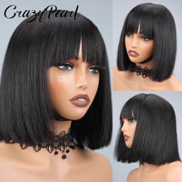 CrazyPearl 1X13 Lace Front Wig Straight Short Bob Wig Human Hair Wigs for Black Women with Bangs Human Hair Natural Color